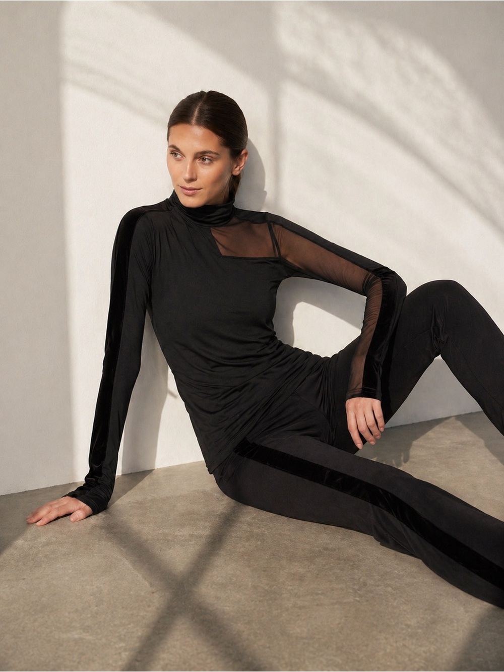 Alala Race Turtleneck Black Long Sleeve Top with Sheer Detail